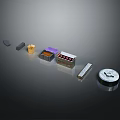 Metallic Mechanical Components Display With Rectangular Purple Silver And Circular Parts