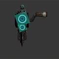 Futuristic Mechanical Weapon With Glowing Blue Components And Metal Wooden Structure