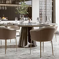 Modern Restaurant Interior With Circular Dining Table Beige Chairs Large Windows And City View 3d model