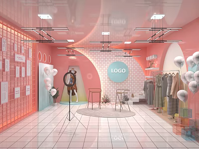 Public Office Space With Pink Walls Circular Decorations Tile Flooring And Lighting Features 3d model