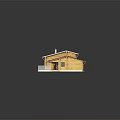 Single Story Wooden House With Gray Roof Chimney And Railed Patio On Green Lawn