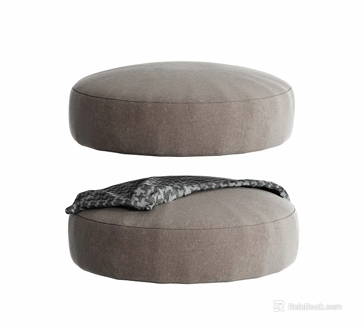 Round Gray Fabric Ottoman with Patterned Blanket for Living Room Decor 3d model 