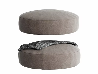 Round Gray Fabric Ottoman with Patterned Blanket for Living Room Decor 3d model