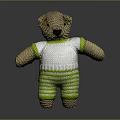 Knitted Teddy Bear Stuffed Animal Wearing White Sweater And Green Striped Pants