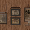 Artistic Wooden Wall Display With Framed Paintings Hanging Lamps And Small Shelf Plant