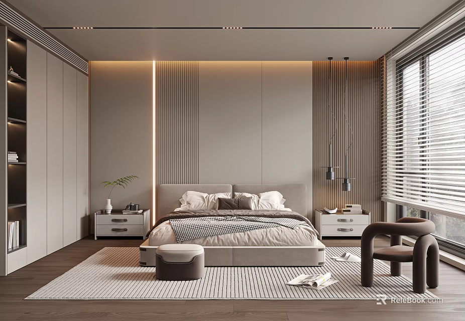 Modern Bedroom Interior Design With Bed Nightstands Wardrobe Area Rug And Lighting 3d model 