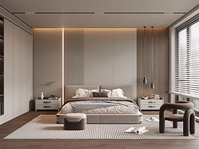 Modern Bedroom Interior Design With Bed Nightstands Wardrobe Area Rug And Lighting 3d model