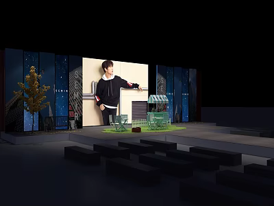 Person Standing On Stage With Blue Beige Walls Green Lawn Area And Small Pavilion Benches 3d model