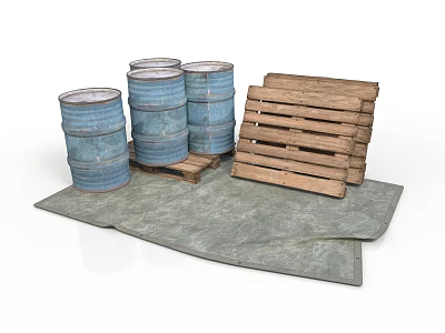 Blue Storage Barrels And Wooden Pallets Stacked On Gray Mat For Home Use 3d model