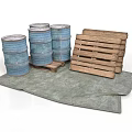 Blue Storage Barrels And Wooden Pallets Stacked On Gray Mat For Home Use
