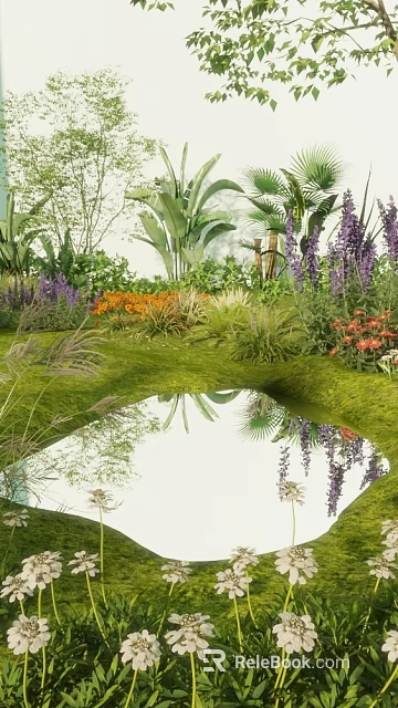 Vibrant Floral Display with Purple Orange Red Flowers Lush Greenery and Reflective Pond 3d model 