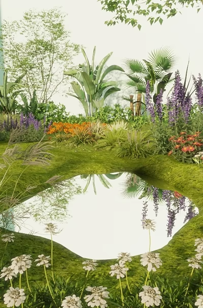 Vibrant Floral Display with Purple Orange Red Flowers Lush Greenery and Reflective Pond 3d model