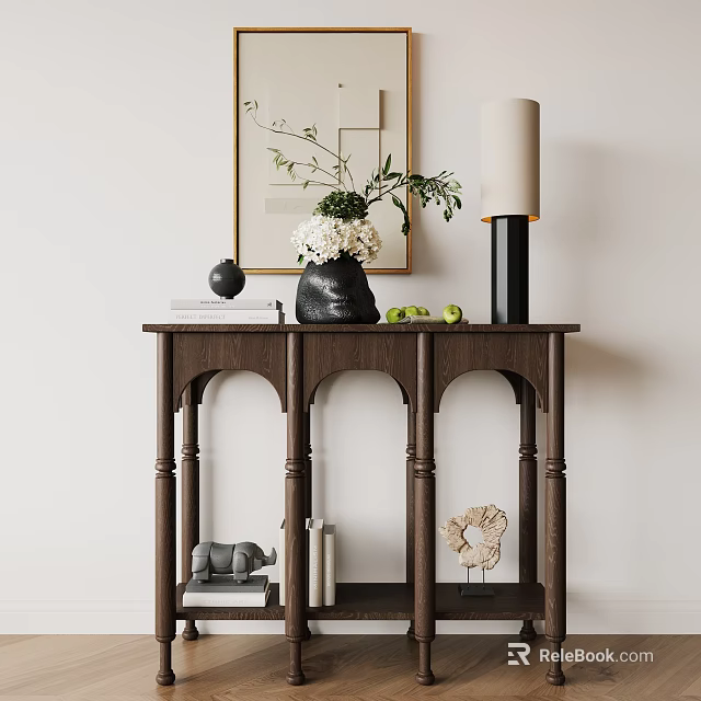 Modern Console Table With Arched Legs Solid Wood Design And Decorative Vase Green Plants 3d model 
