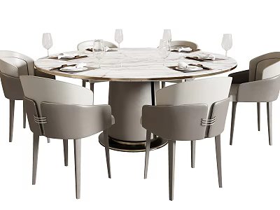 Modern Round Dining Table Set With Marble Top And Grey Chairs 3d model