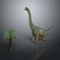Dinosaur Model Standing Next To Palm Tree Model On Grey Background 3d model