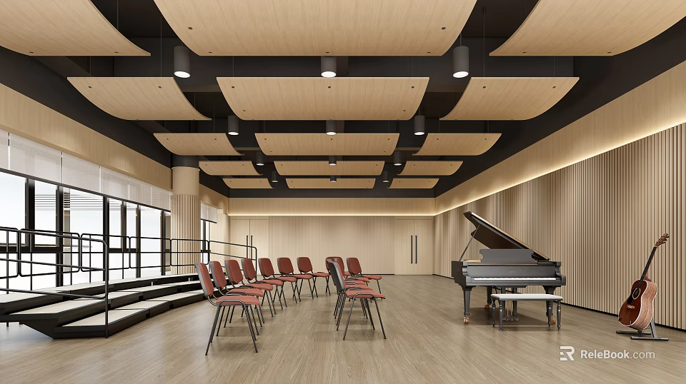 Spacious Fine Arts Classroom With Wooden Ceiling Black Metal Frames Red Chairs And Black Piano 3d model 