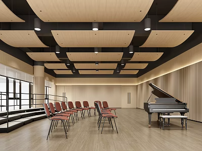 Spacious Fine Arts Classroom With Wooden Ceiling Black Metal Frames Red Chairs And Black Piano 3d model