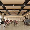 Spacious Fine Arts Classroom With Wooden Ceiling Black Metal Frames Red Chairs And Black Piano