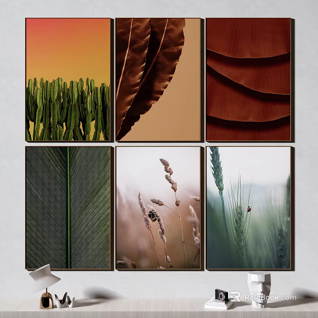 Natural Elements Wall Art Prints With Cactus Leaf Feather And Wheat Decor 3d model