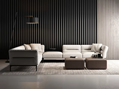 Modern Sectional Sofa with Light Upholstery Dark Vertical Striped Wall Floor Lamp and Ottomans 3d model