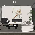 Modern Living Room Interior With White Sofa Black Armchair And Marble Fireplace