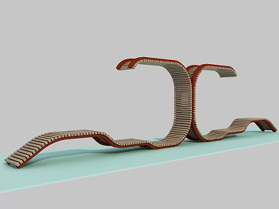Modern Curved Outdoor Chair With Wooden Woven Seat And Red Frame 3d model