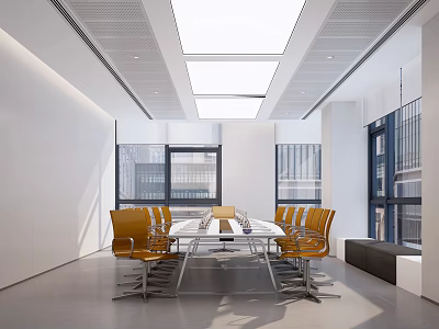 Modern Conference Room Interior Design With Long Table Orange Chairs And Large Windows 3d model