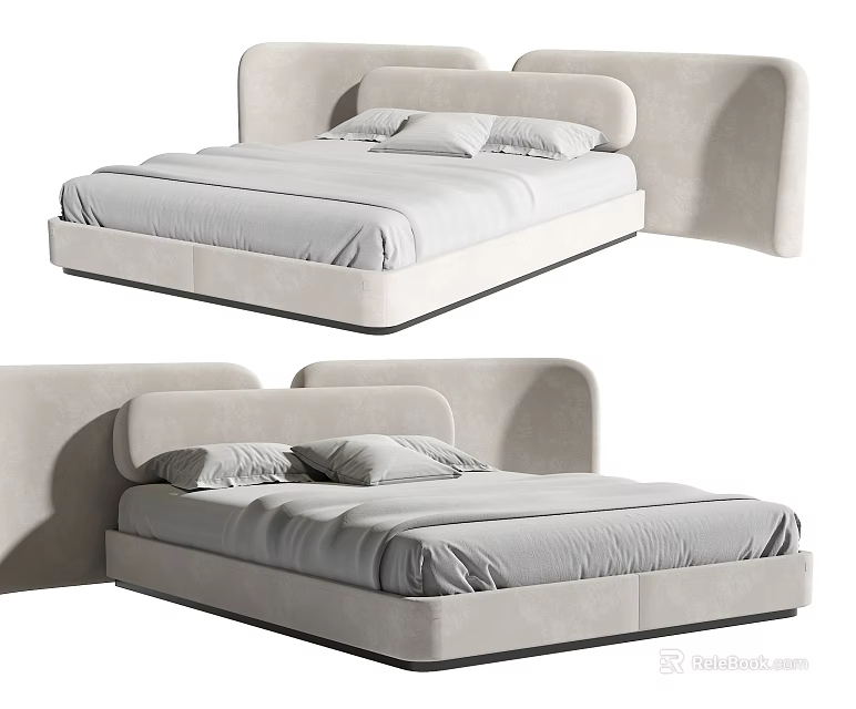 Modern Minimalist Double Bed with Curved Headboard and Light Tone Upholstery for Contemporary Bedroom 3d model 