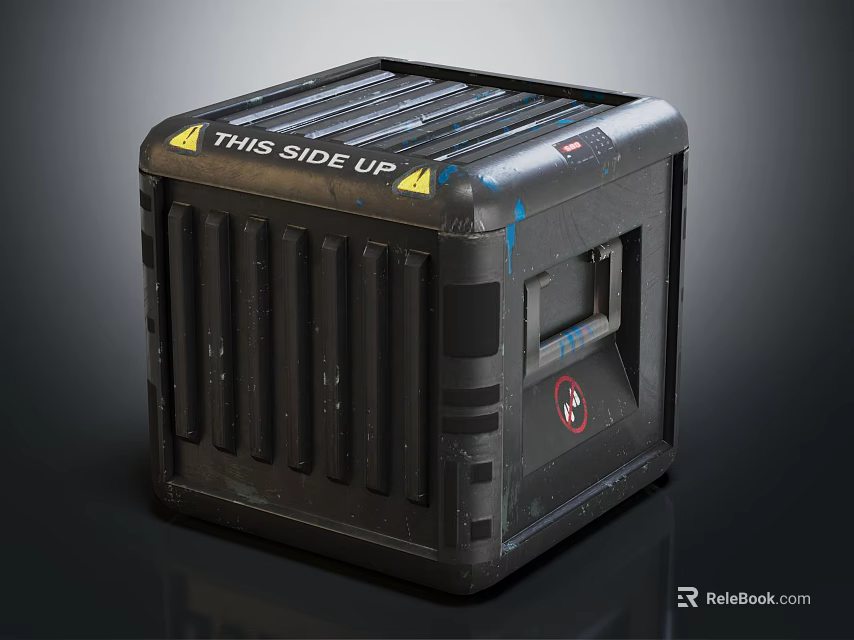 Black Cargo Box With THIS SIDE UP Label Striped Design And Ventilation Slots 3d model 