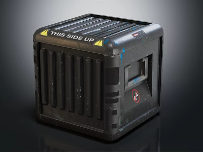 Black Cargo Box With THIS SIDE UP Label Striped Design And Ventilation Slots 3d model