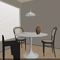 Minimalist Dining Table Set With White Round Table Rattan And Black Chairs Pendant Light