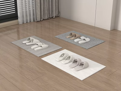 Comfortable Slippers On Gray And White Mats Over Wooden Floor With Window Curtains 3d model