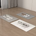 Comfortable Slippers On Gray And White Mats Over Wooden Floor With Window Curtains