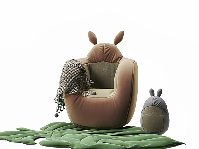 Brown Animal Ear Design Bean Bag Chair With Mesh Blanket And Green Leaf Mat 3d model