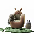 Brown Animal Ear Design Bean Bag Chair With Mesh Blanket And Green Leaf Mat