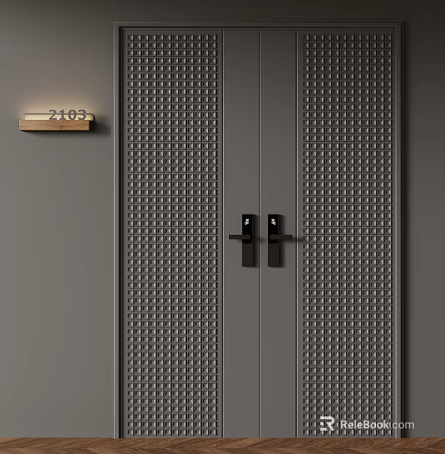 Modern Double Doors With Grid Pattern And Dark Gray Residential Entry 3d model 