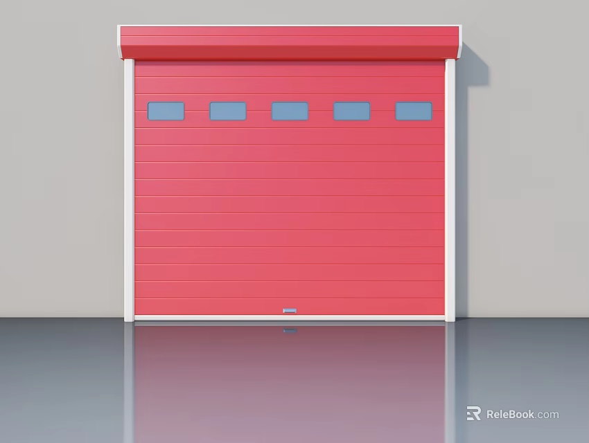 Red Hinged Garage Door With White Frame And Five Small Windows 3d model