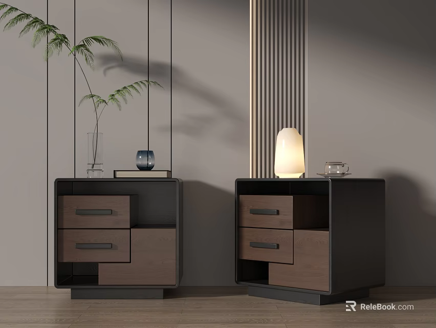 Modern Bedside Tables With Dark And Wooden Design Featuring Table Lamp Vase And Decorative Items 3d model 