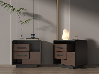 Modern Bedside Tables With Dark And Wooden Design Featuring Table Lamp Vase And Decorative Items 3d model