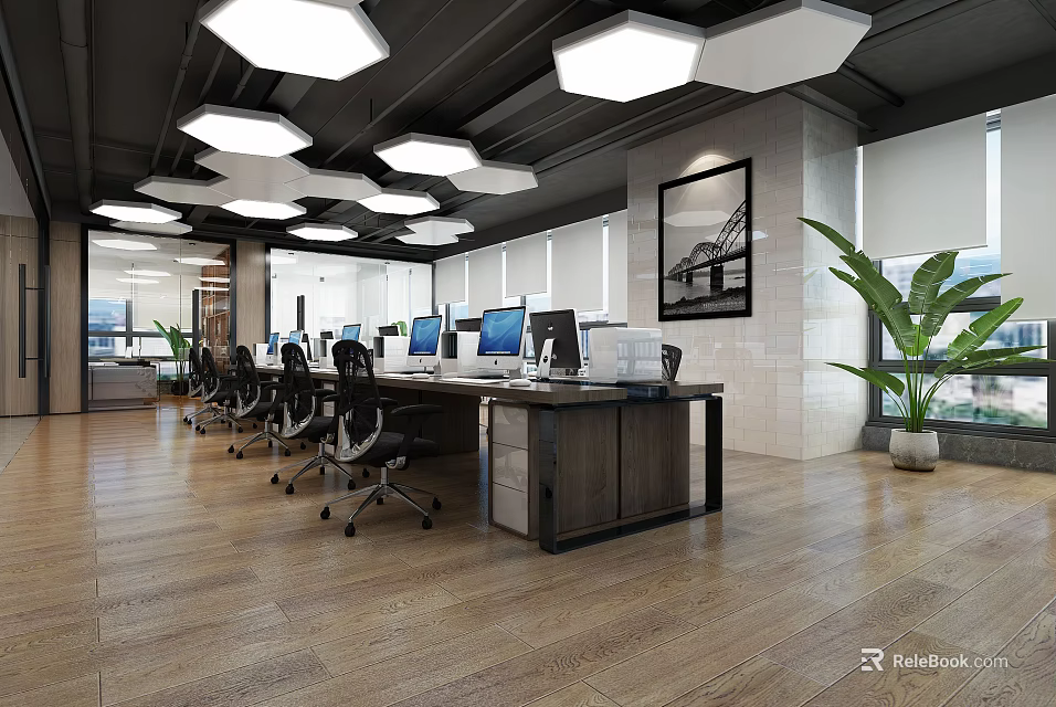 Public Office Space With Open Layout Workstations Computers Natural Light And Potted Plants 3d model