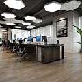 Public Office Space With Open Layout Workstations Computers Natural Light And Potted Plants 3d model