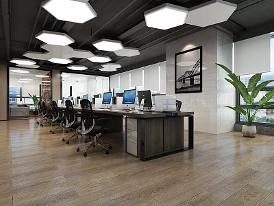 Public Office Space With Open Layout Workstations Computers Natural Light And Potted Plants 3d model