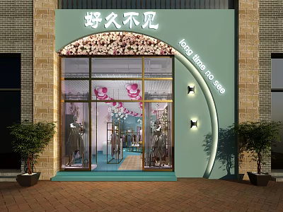 Long Time No See Clothing Store With Flower Decoration Glass Door And Mannequins 3d model