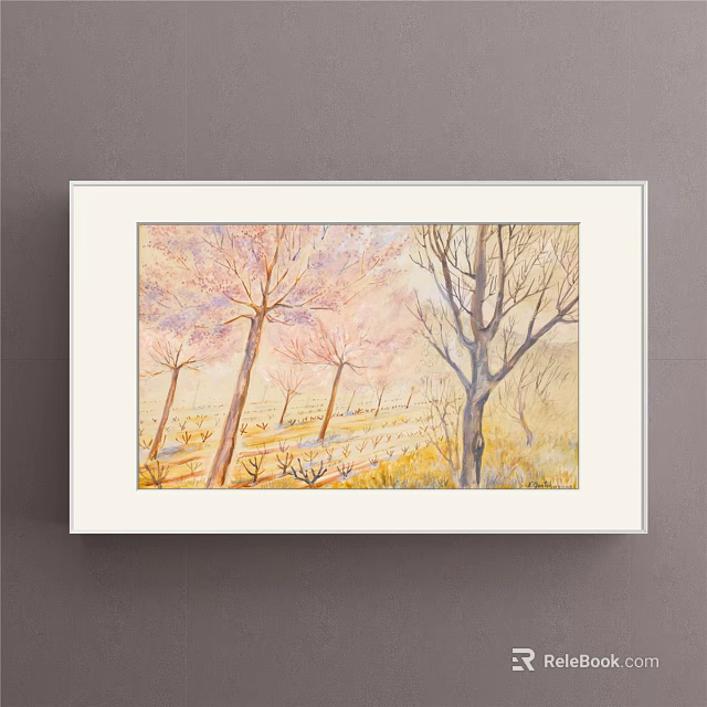 Landscape Painting With Pink Leaf Trees And Bare Branches Light Sky Ground 3d model
