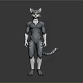 3D Anthropomorphic Gray Cat Character In Tight Suit With Tail Standing Pose