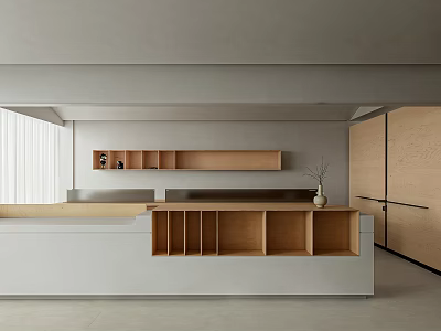 Modern Tea Room With Light Colored Countertop Wooden Storage Cabinets And Windows 3d model