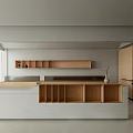 Modern Tea Room With Light Colored Countertop Wooden Storage Cabinets And Windows