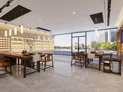 Chinese Style Furniture Showroom With Bright Interior Wooden Tables Chairs Display Shelves And Large Windows 3d model