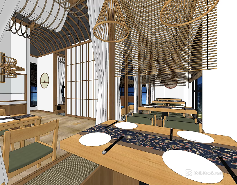 Japanese Style Restaurant Interior With Woven Bamboo Pendant Lights Shoji Screens And Wooden Tables 3d model 