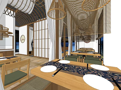 Japanese Style Restaurant Interior With Woven Bamboo Pendant Lights Shoji Screens And Wooden Tables 3d model